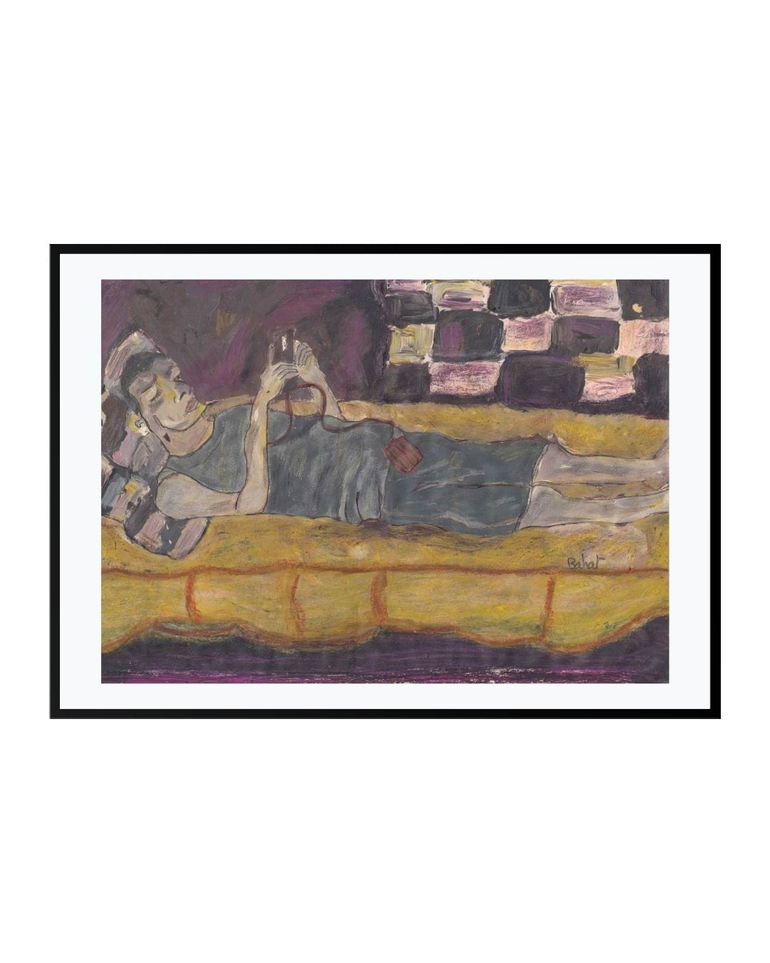 Expressionist painting titled "Ali," depicting a figure lying on a couch in quiet reflection